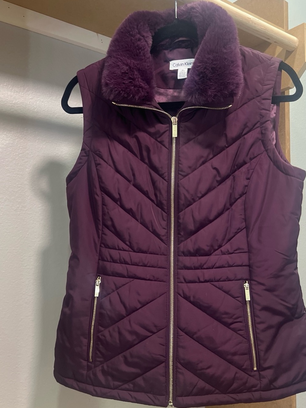 Calvin Klein Quilted Vest with Faux-Fur Collar - Plum